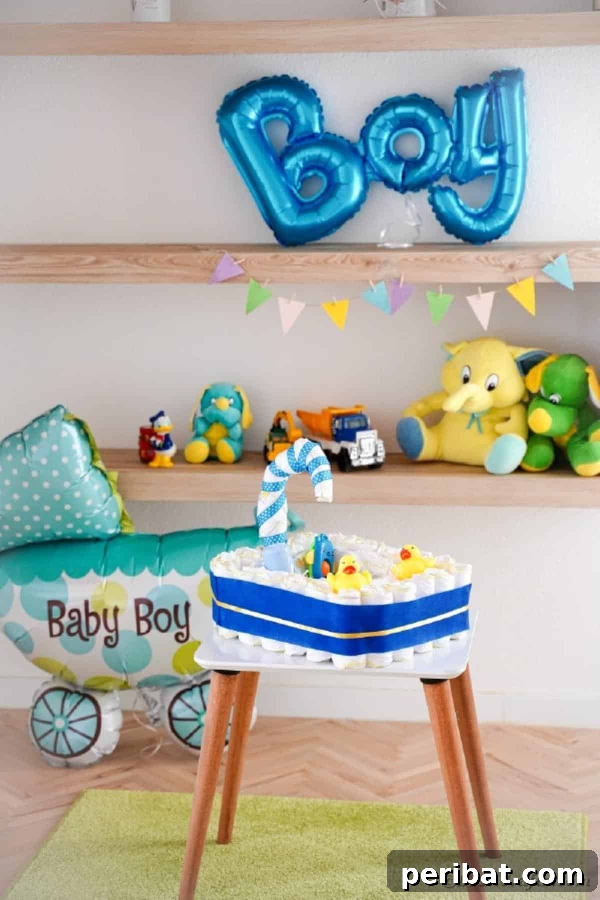Charming Handmade Diaper Tub Shower Present 42 Close-up of the diaper cake bathtub's faucet detail and inner contents on an end table