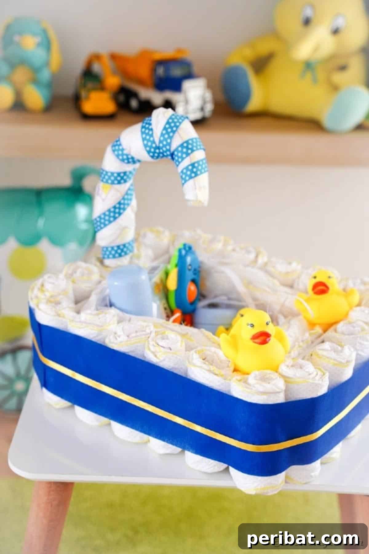 Charming Handmade Diaper Tub Shower Present 43 Full view of the creative diaper cake bathtub, showcasing all its elements on an end table