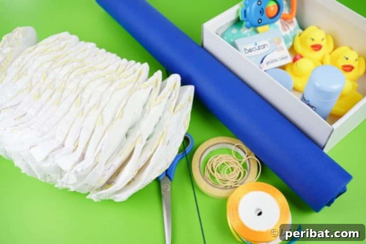Charming Handmade Diaper Tub Shower Present 8 A collection of supplies neatly laid out for crafting a diaper baby bathtub