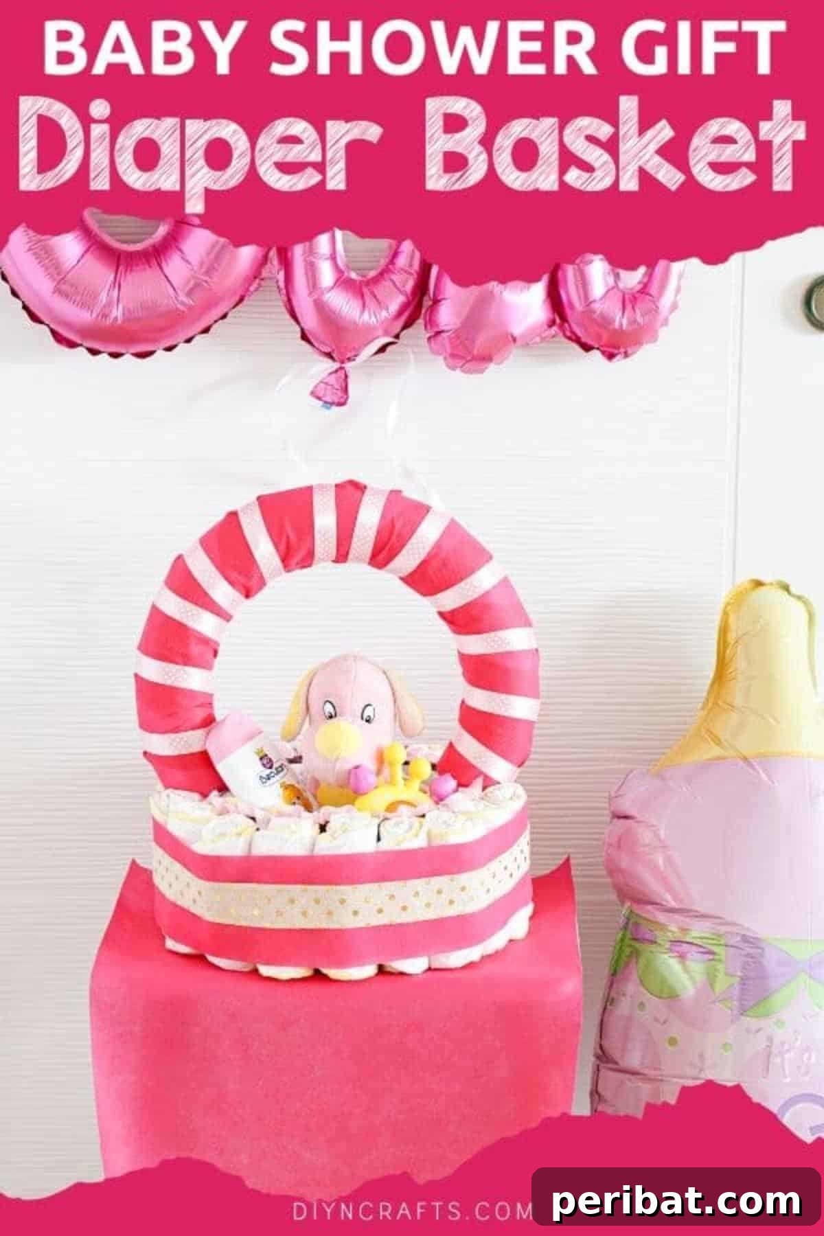 Charming Pink Handmade Diaper Basket Baby Shower Present 2 Beautifully decorated baby diaper basket on a pink fabric-covered table, ideal for a baby shower gift