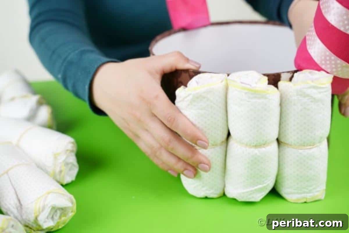 Charming Pink Handmade Diaper Basket Baby Shower Present 17 Beginning to attach rolled diapers vertically around the round box using double-sided tape