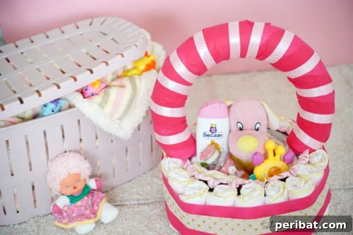 Charming Pink Handmade Diaper Basket Baby Shower Present 3 Elegant baby diaper basket with pink and gold accents, placed next to a white empty basket