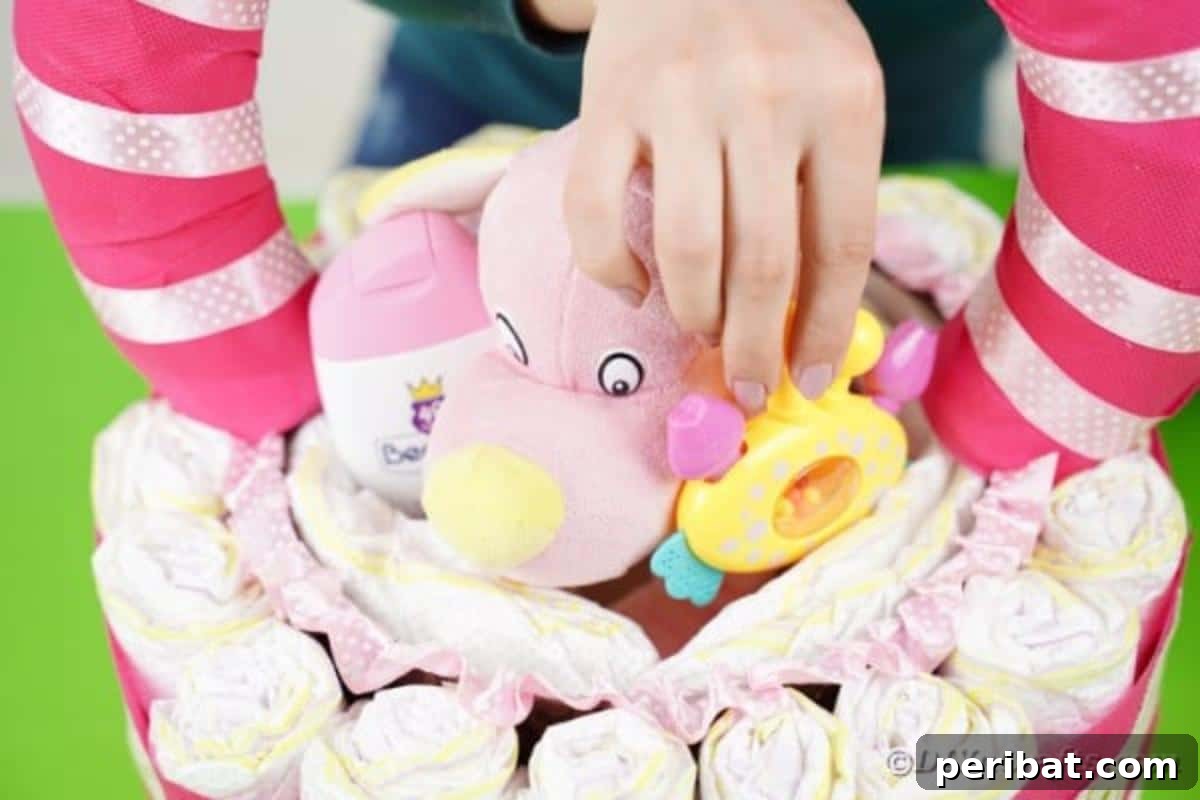 Charming Pink Handmade Diaper Basket Baby Shower Present 24 Arranging various baby toys and essentials inside the completed diaper basket