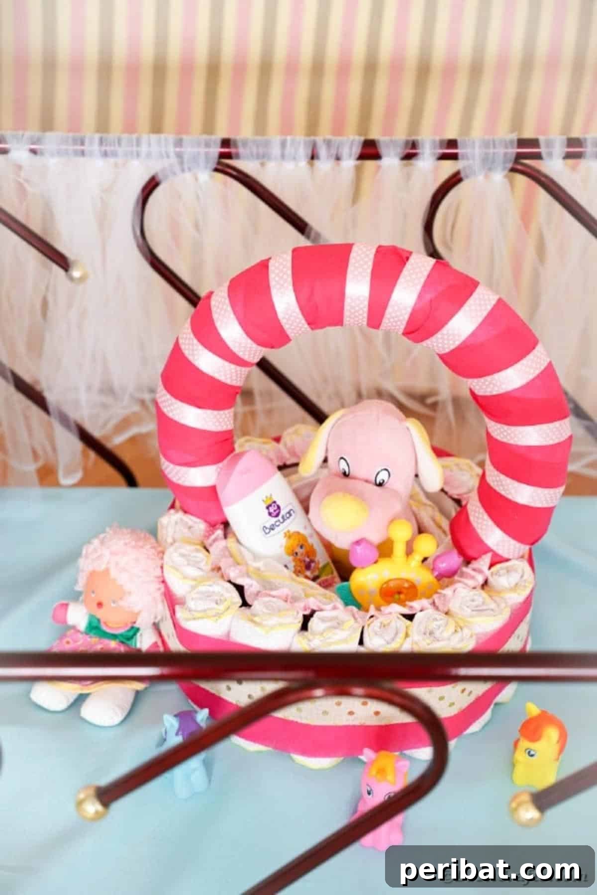 Charming Pink Handmade Diaper Basket Baby Shower Present 28 A beautifully presented baby shower gift, a diaper basket, thoughtfully placed inside a baby crib