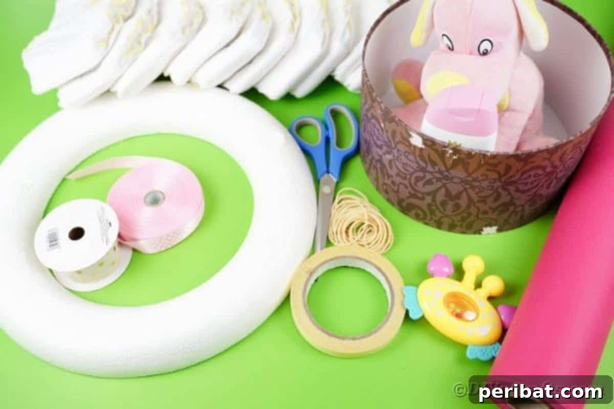 Charming Pink Handmade Diaper Basket Baby Shower Present 6 Various craft supplies and decorative items laid out on a table for making a DIY diaper basket