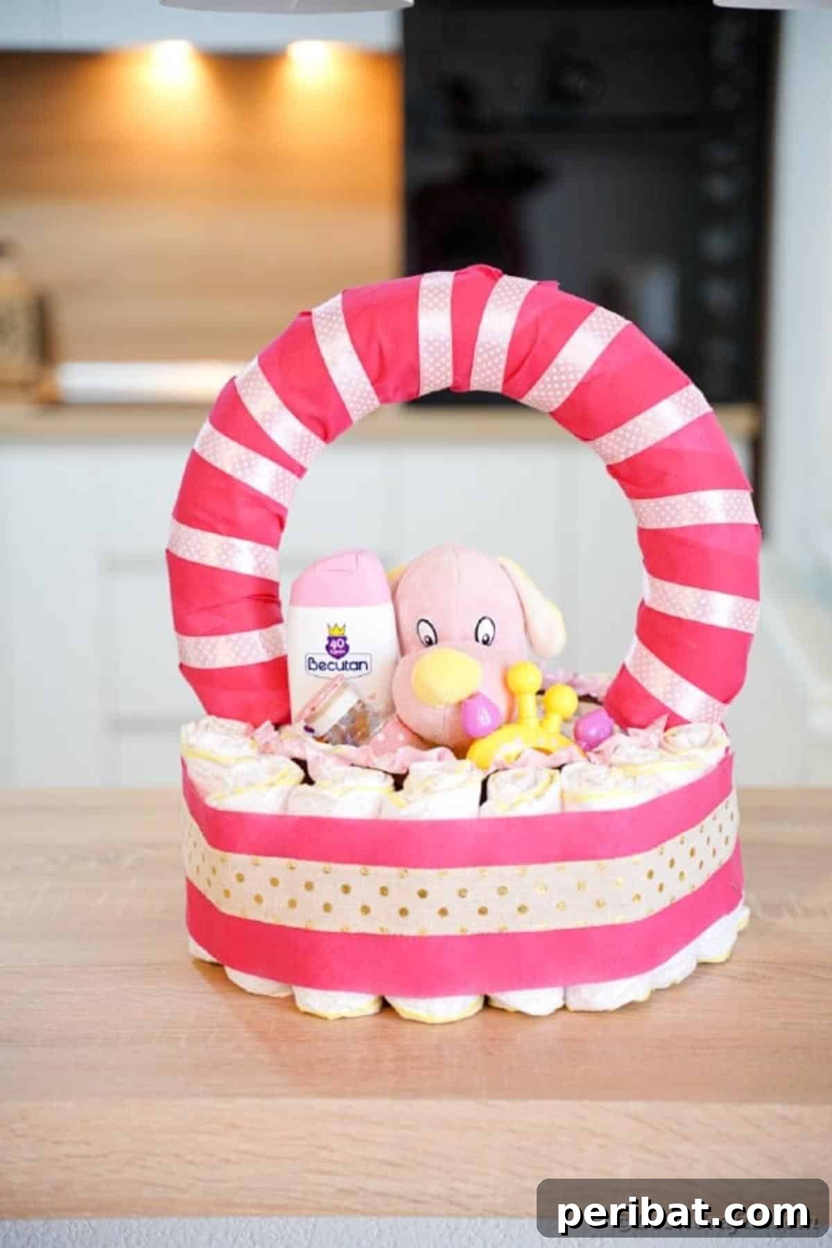 Charming Pink Handmade Diaper Basket Baby Shower Present 32 A vibrant pink diaper basket, abundantly filled with baby essentials, placed on a contemporary kitchen table