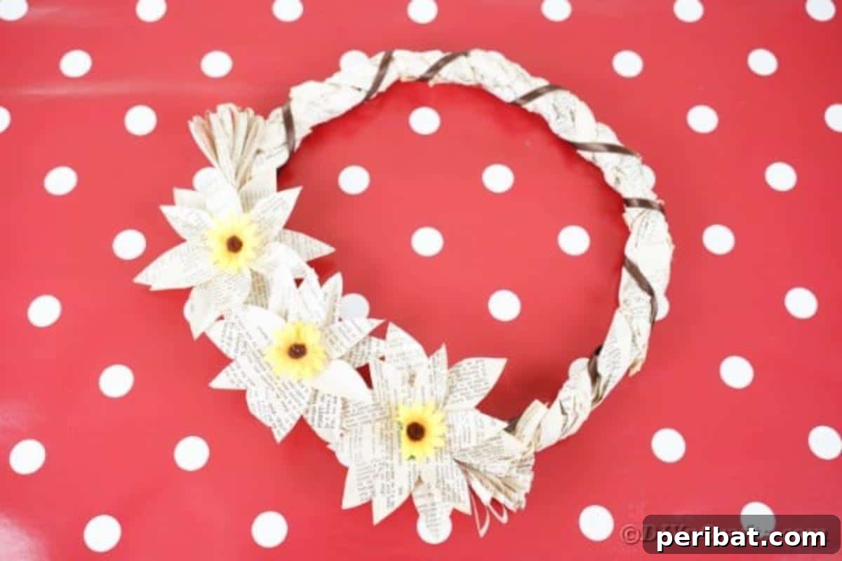 Old Book Page Wrapped Wreath on red white polka dot background