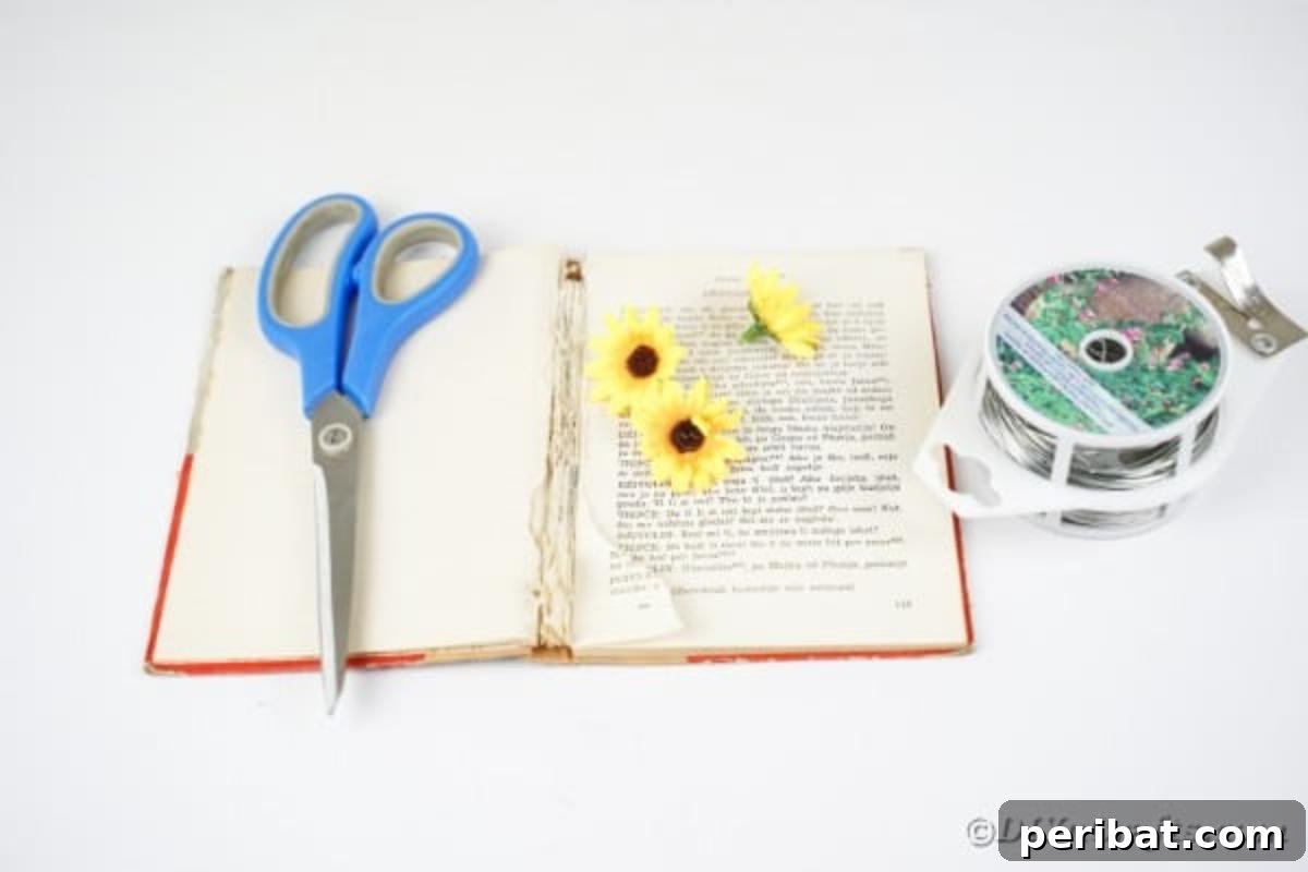 Supplies for old book page wrapped wreath