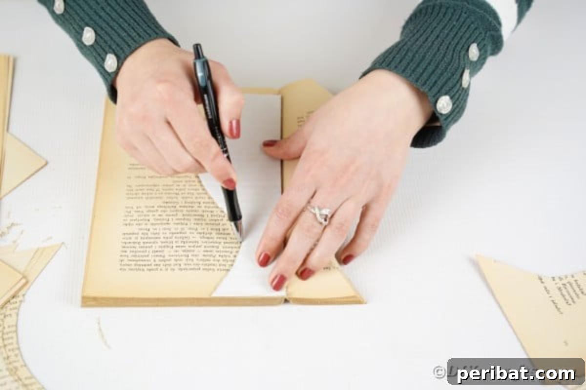 A hand carefully tracing a vase shape onto the top page of an old book with a pencil, preparing the book for cutting.