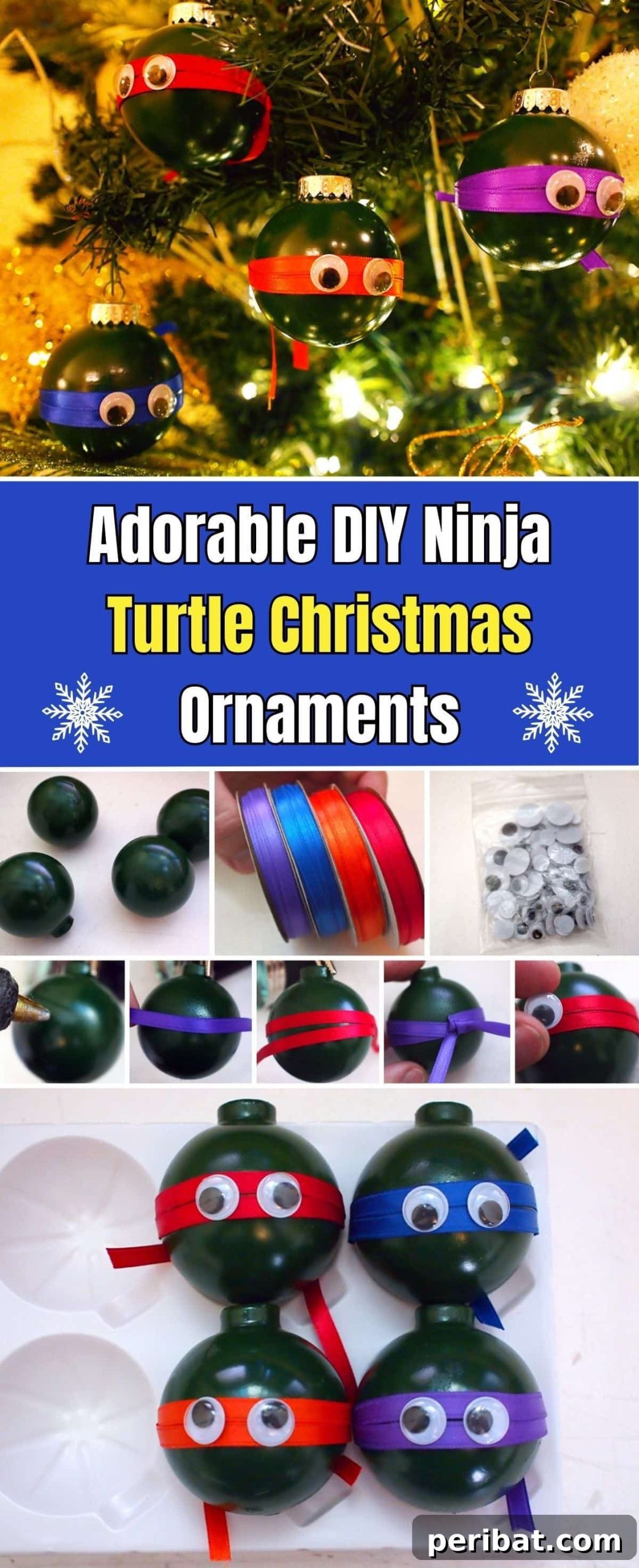 Cowabunga Christmas Tree Decor 2 Adorable DIY Ninja Turtle Christmas Ornaments featuring Raphael, Michelangelo, Leonardo, and Donatello, crafted from green ball ornaments and colorful ribbons, perfect for a nostalgic holiday display.