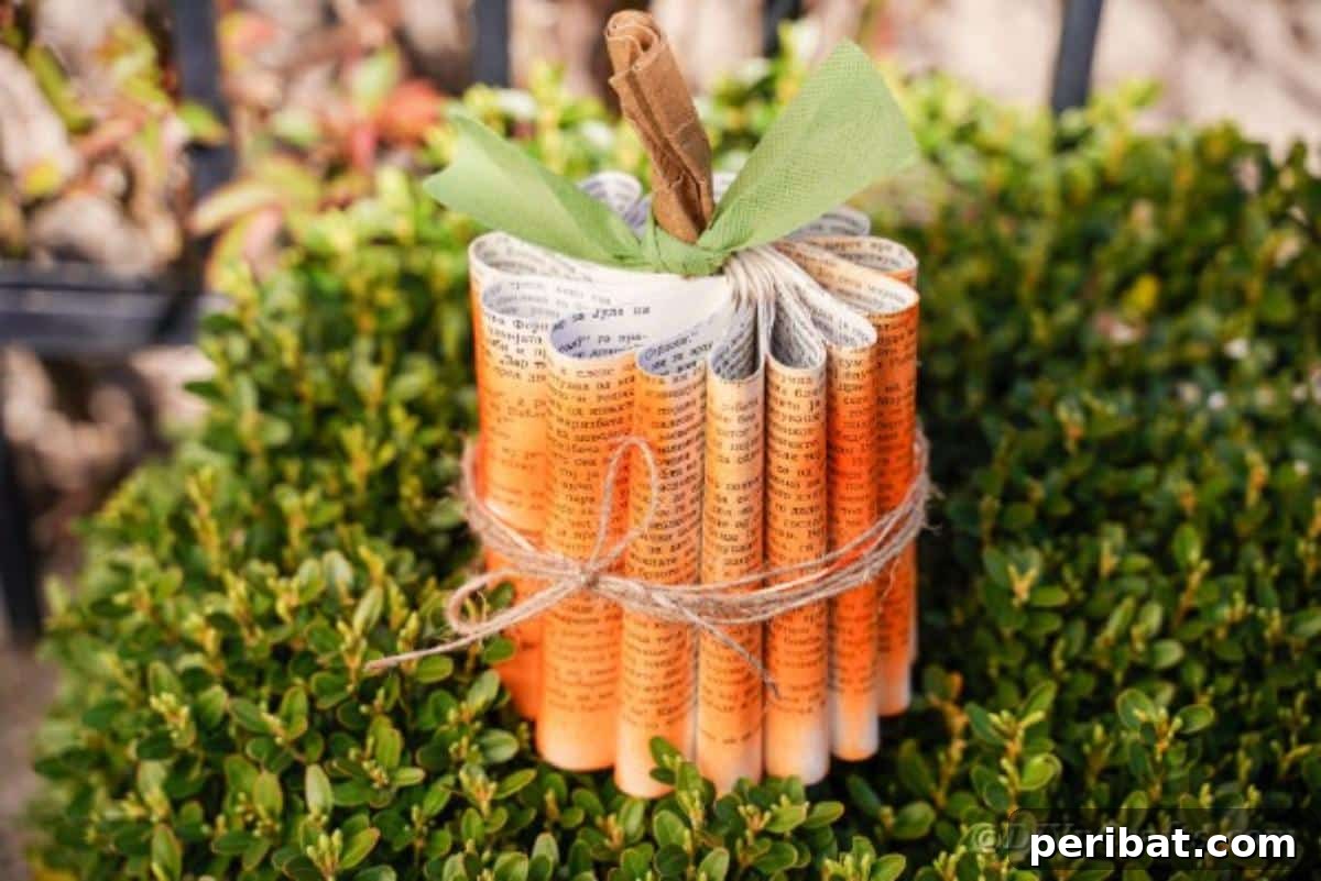 Storybook Pumpkin Charm 26 A finished old book page paper pumpkin displayed artfully among outdoor shrubs, highlighting its natural and rustic beauty.