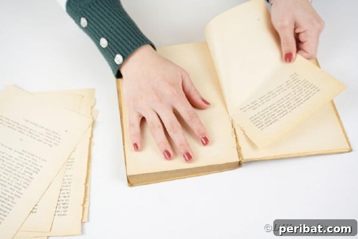 A hand gently tearing a page from an old book, preparing it for a creative crafting project.