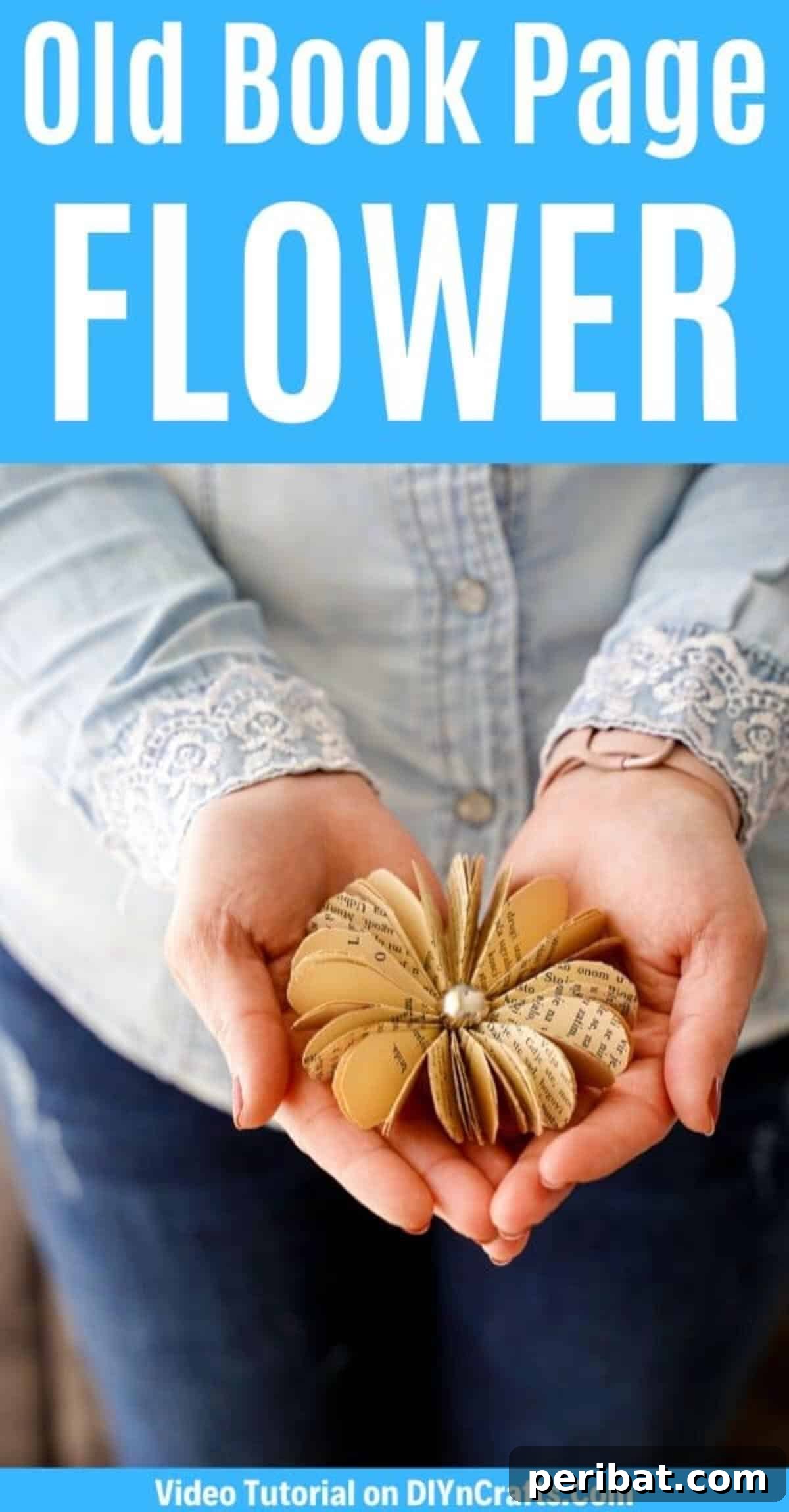Charming Blooms from Repurposed Book Pages 2 Woman holding paper flower, showcasing a finished bloom made from old book pages