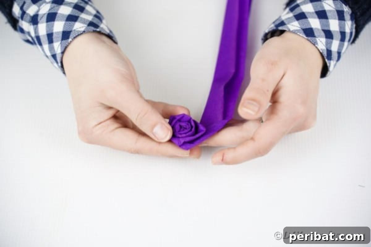 Crafting Elegant Tissue Paper Roses Step by Step 12 Rolling a purple tissue paper rose