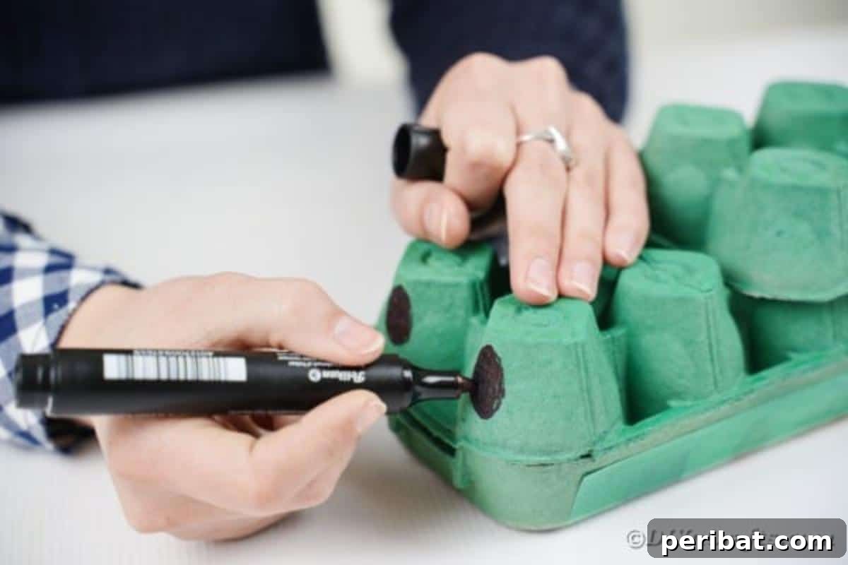 A hand drawing two large black circles with a marker on the front of the green egg carton dragon's snout.