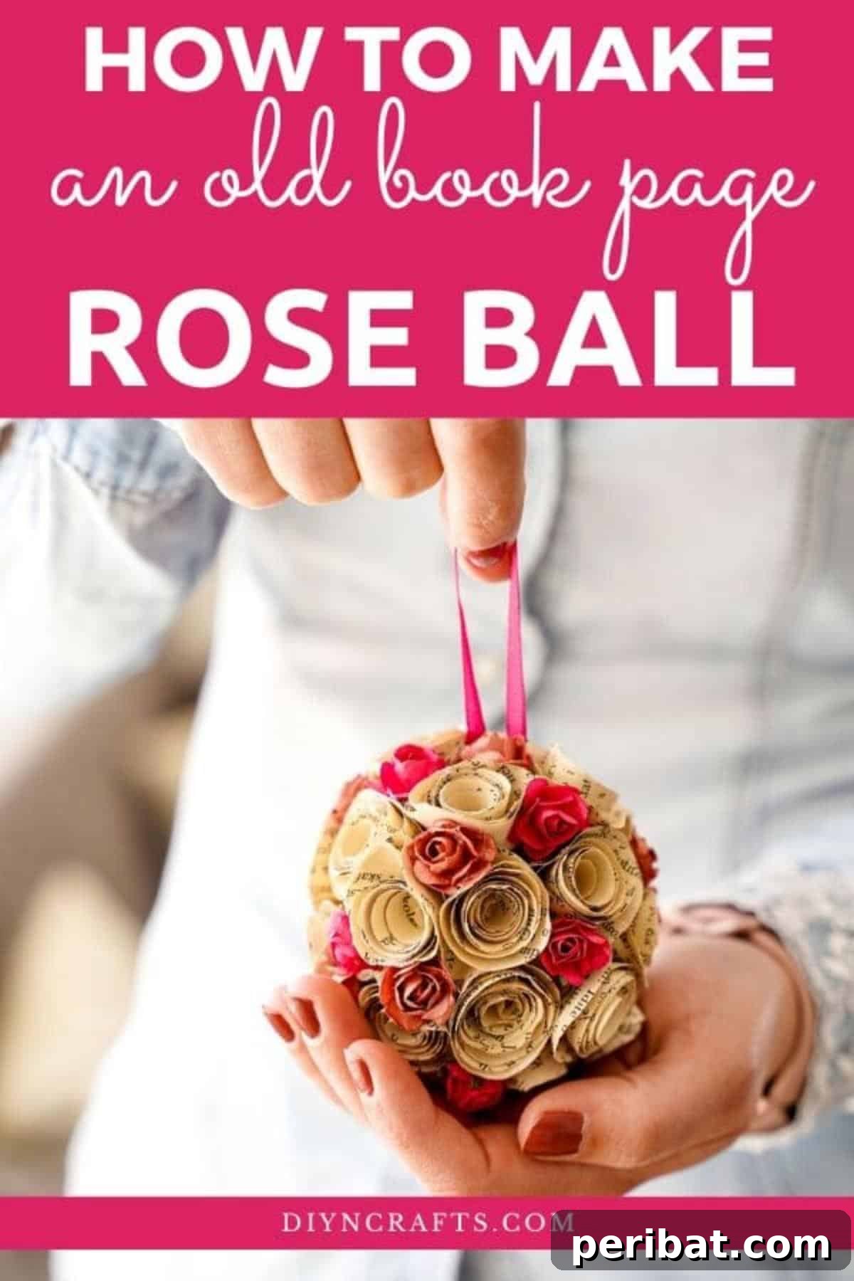 From Pages to Petals: DIY Book Rose Sphere 2 Woman proudly holding a finished DIY paper rose ball made from old book pages, showcasing its beauty