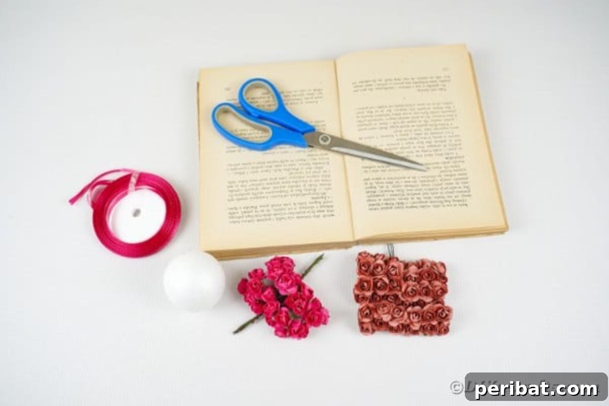 From Pages to Petals: DIY Book Rose Sphere 7 Crafting supplies laid out on a table, ready for making a paper rose ball