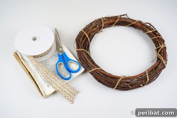 A collection of supplies neatly arranged for crafting the fringed wreath