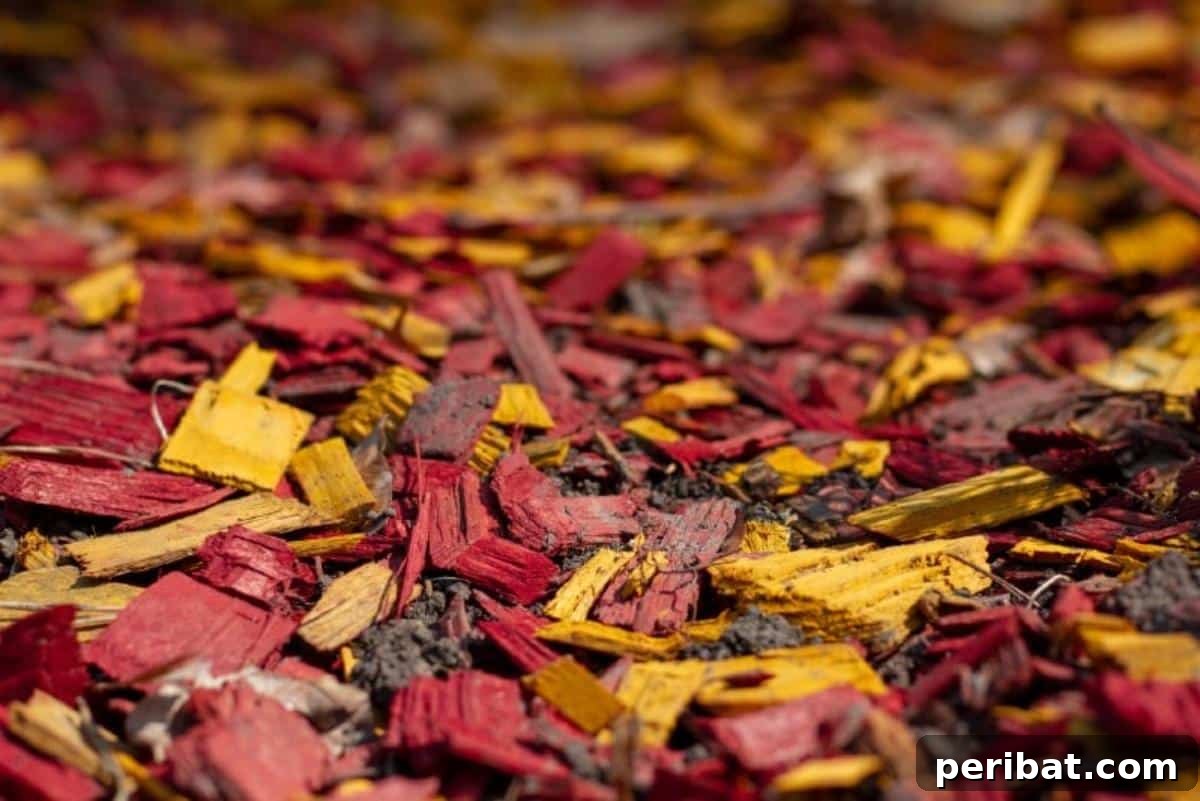 Colorful wooden chips mulch.