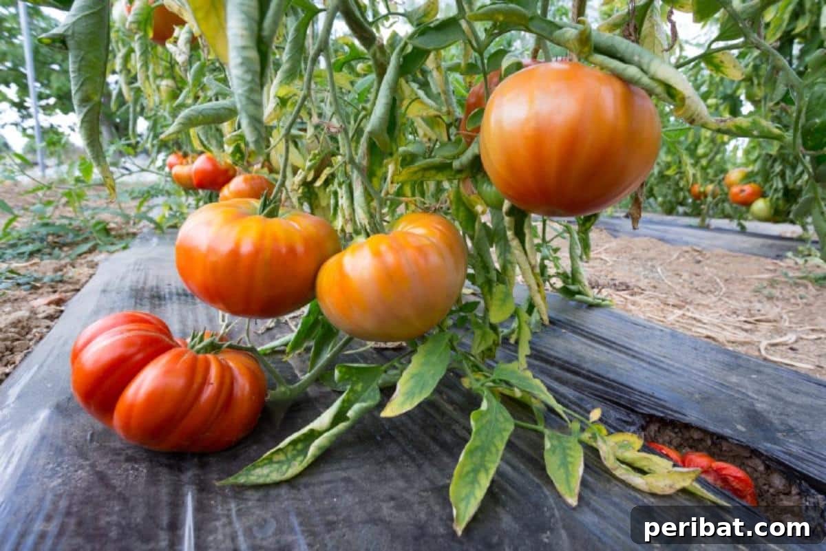 Plastic mulch used in a tomato garden.