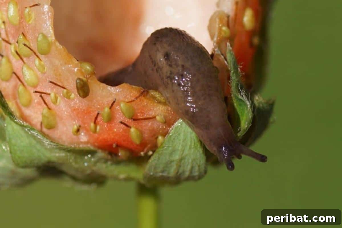 Achieve Perfect Strawberries: 27 Essential Gardening Tips 25 Snail is eating a ripe strawberry.