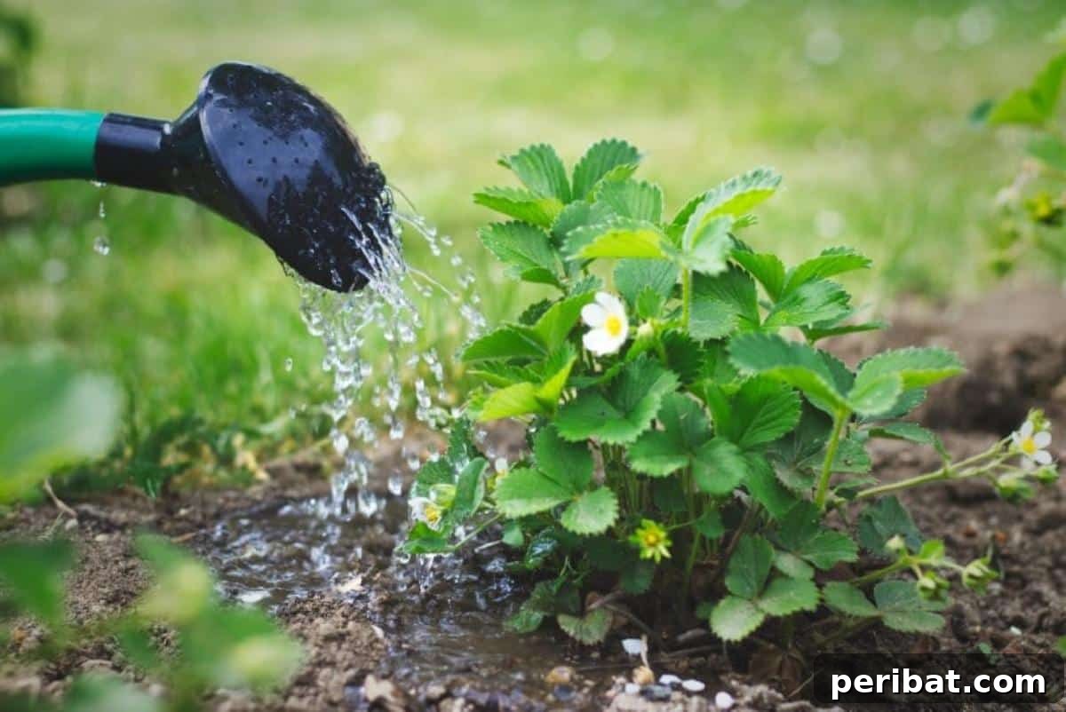 Achieve Perfect Strawberries: 27 Essential Gardening Tips 7 Watering a strawberry seedling.