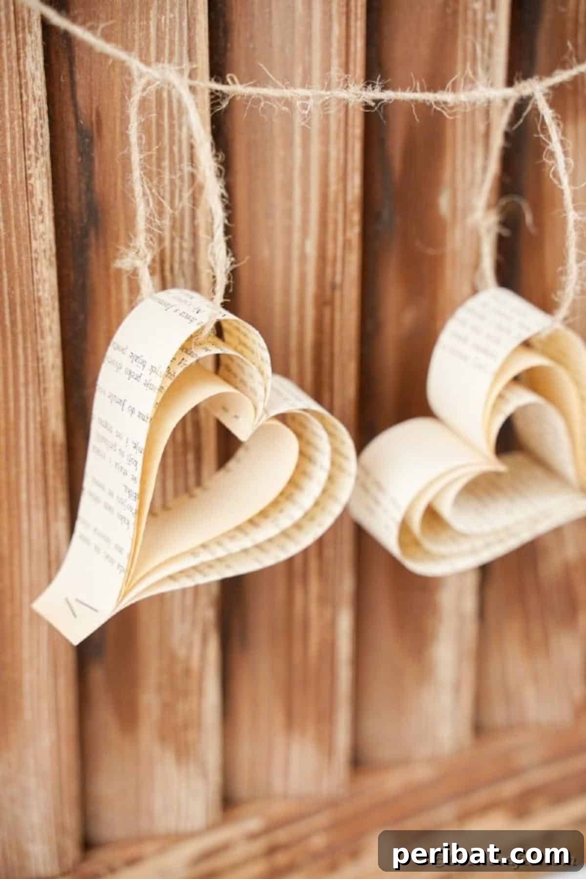 Heirloom Book Page Heart Bunting 23 A single paper heart made from book pages hanging against rustic wooden slats