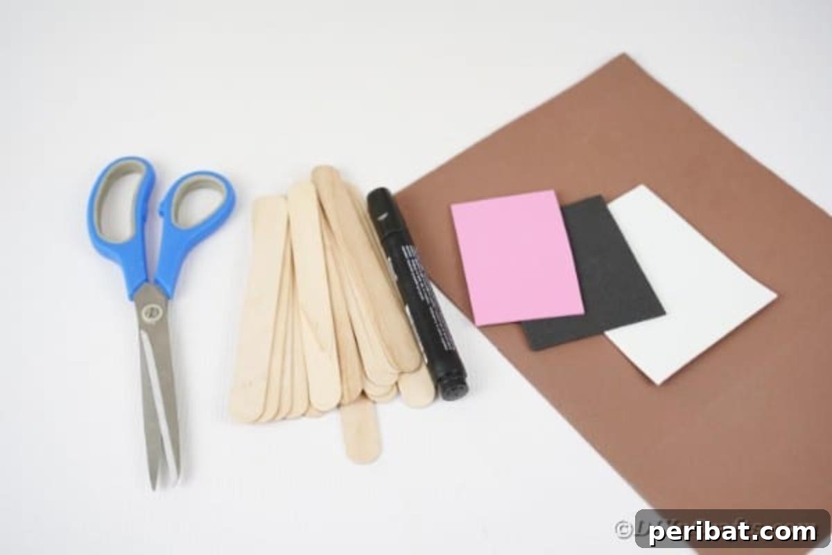 Essential supplies laid out for crafting a stick dog