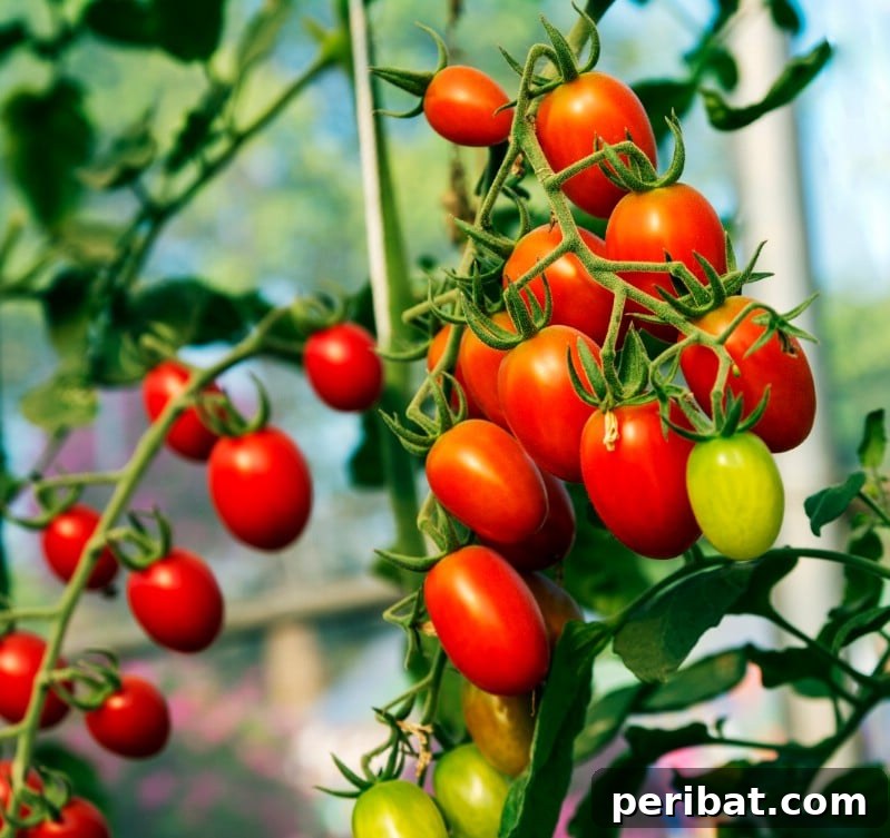 30 Easy-Care Fruits and Vegetables for Beginner Gardeners 9 Ripe red tomatoes growing on the vine in a backyard garden.