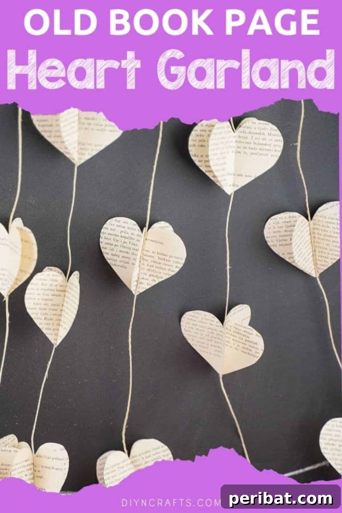 Rustic paper heart garland crafted from old book pages, hanging against a dark chalkboard background, embodying country chic decor