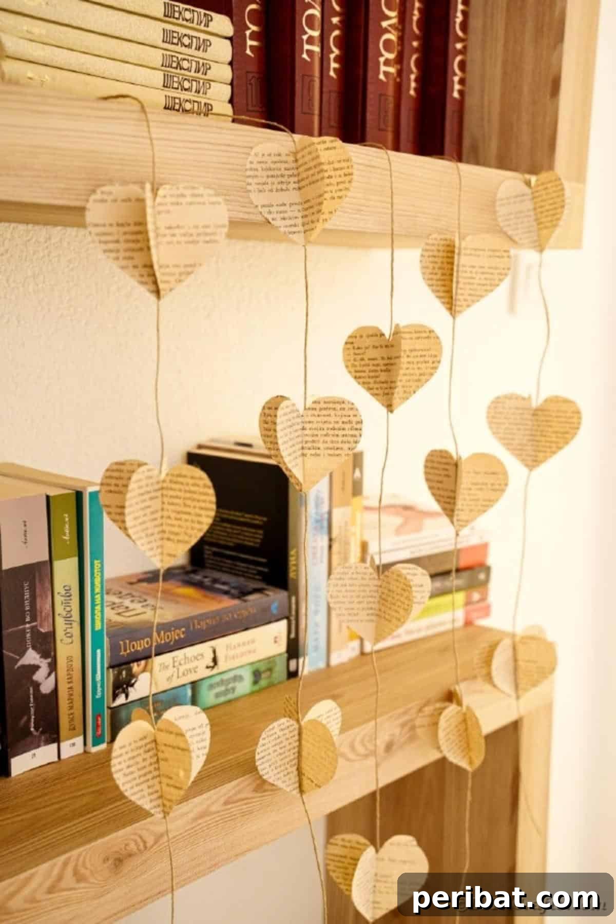 Paper heart garland made from vintage book pages, draped elegantly over a rustic bookshelf, adding a charming accent