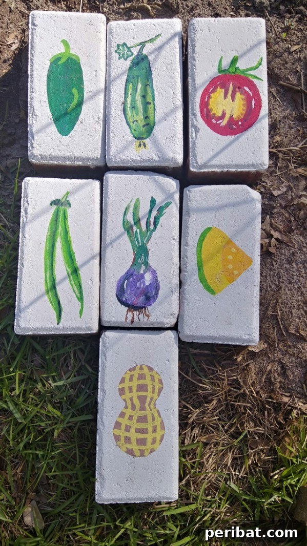 Painted garden marker bricks - Hand-painted bricks used as plant labels