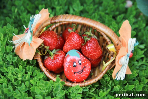 Painted strawberry rocks - Hand-painted rocks resembling strawberries for bird deterrence