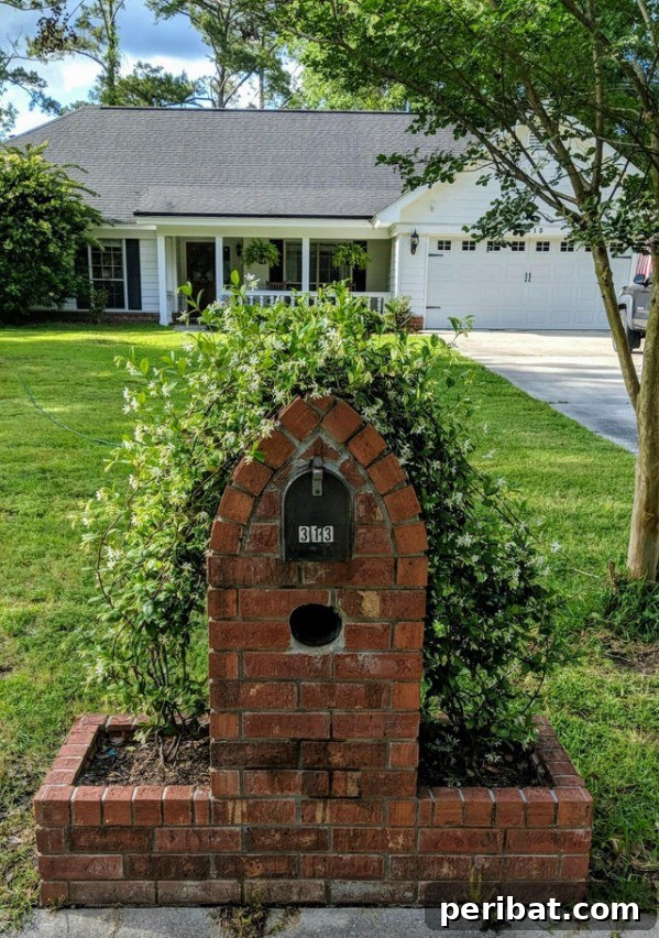 Brick mailbox with jasmine - Fragrant jasmine climbing around a brick mailbox