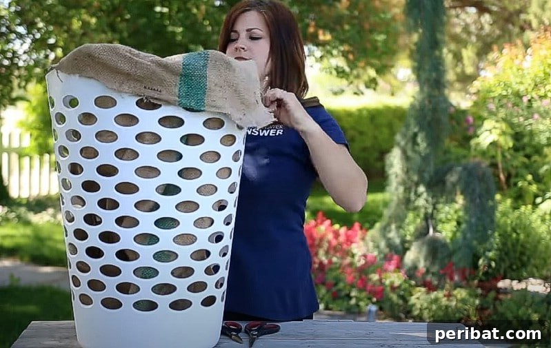 Adding and cutting a burlap sack.