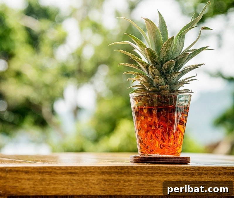 27 Plants and Fruits That Thrive in Water 10 Pineapple crown suspended by toothpicks over water, showing root development