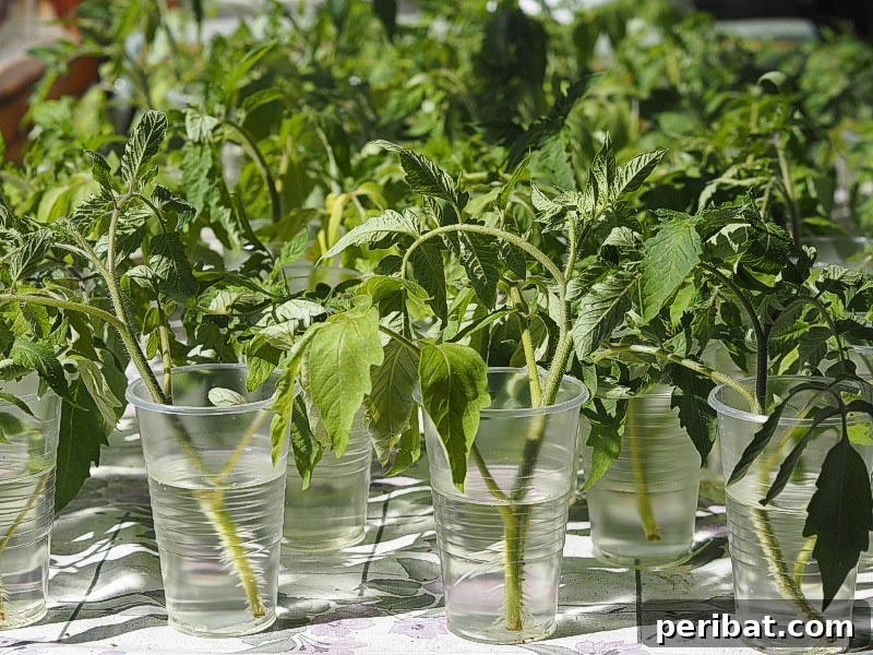27 Plants and Fruits That Thrive in Water 20 Tomato cutting with new roots growing in a glass of water