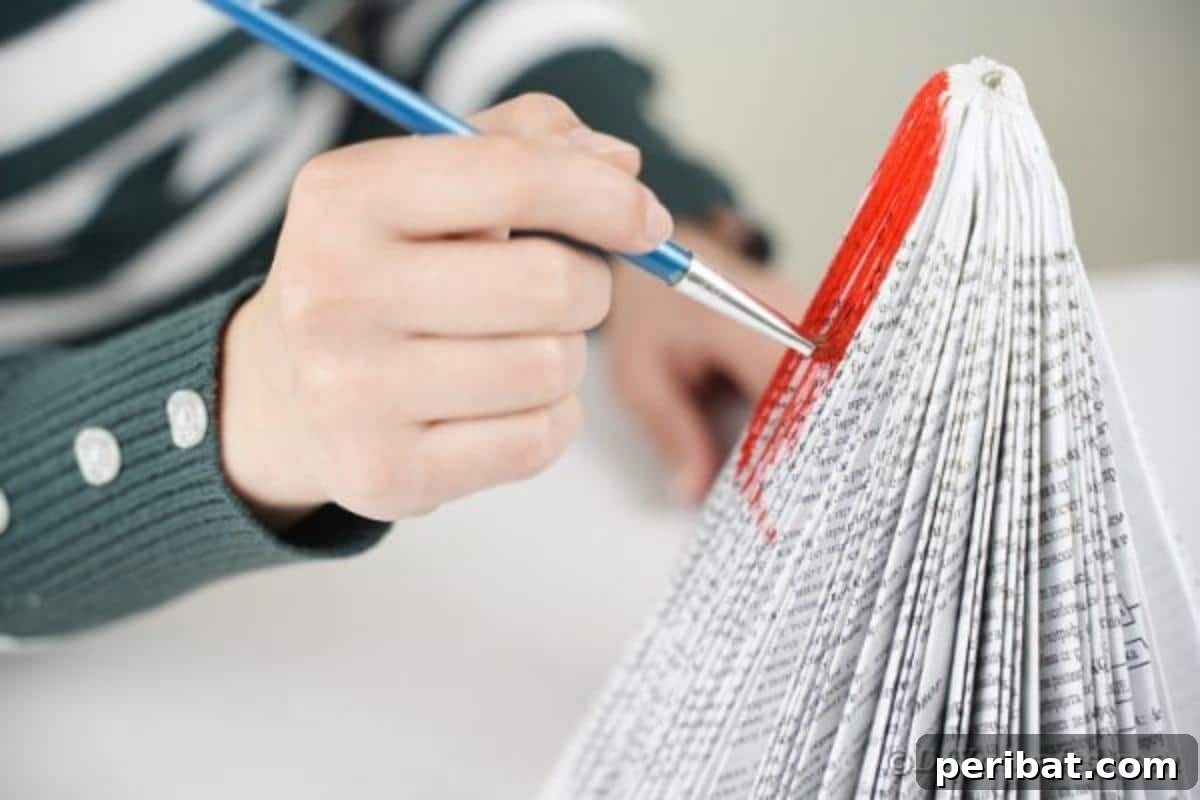 Woman painting book santa claus, depicting the application of red paint for the hat