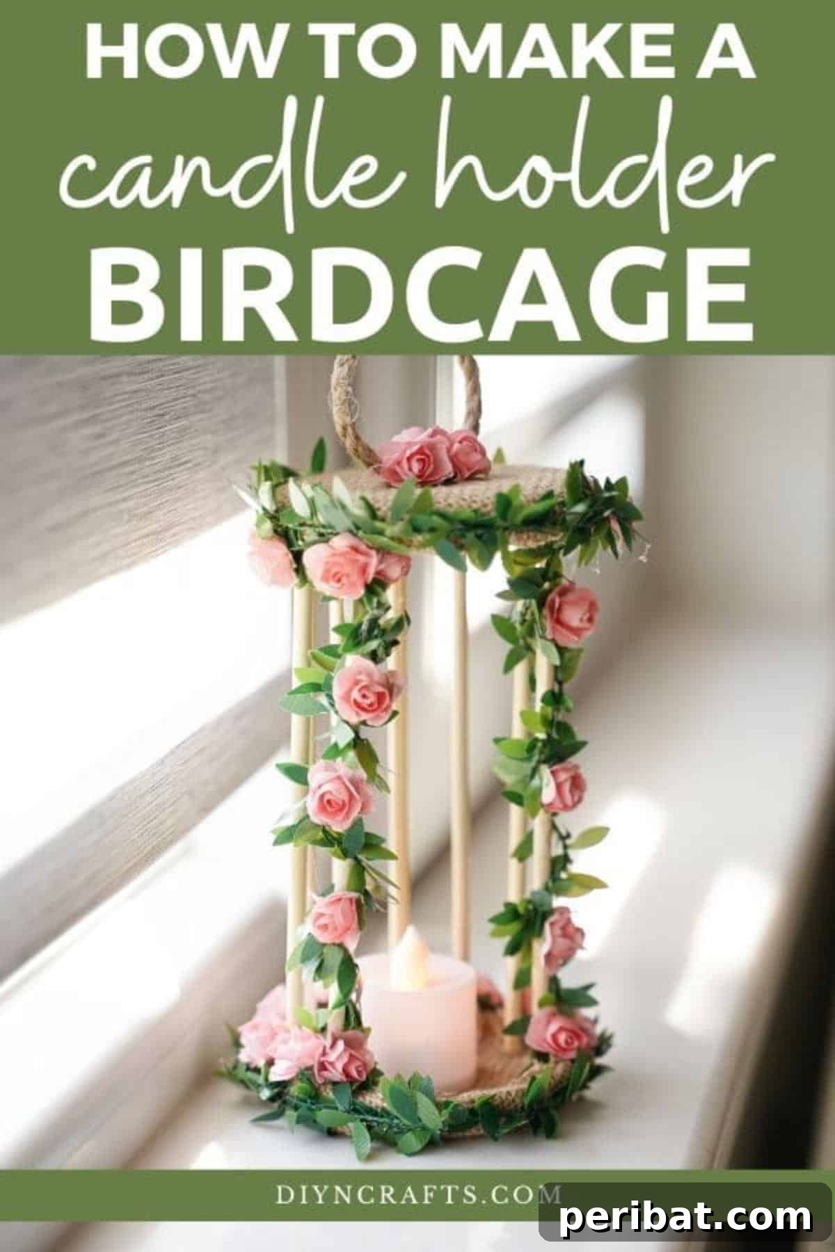 Enchanted Garden Birdcage Luminary 2 Beautiful DIY floral birdcage candle holder in a windowsill, showcasing its elegant design and floral accents.
