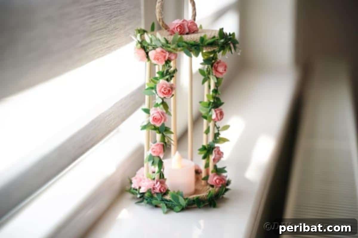 Enchanted Garden Birdcage Luminary 3 Close-up of the DIY floral birdcage candle holder, highlighting its delicate flowers and rustic texture.