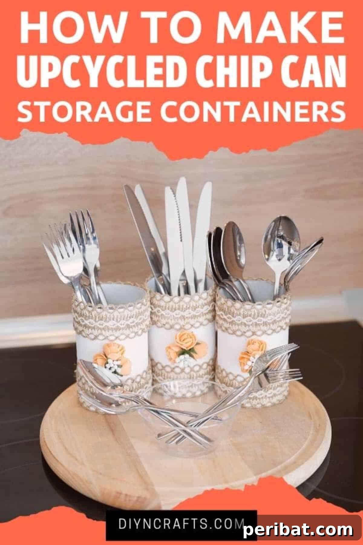 Farmhouse Storage from Repurposed Pringles Cans 2 Rustic Pringles can storage containers with burlap and flowers on a kitchen counter, holding spoons