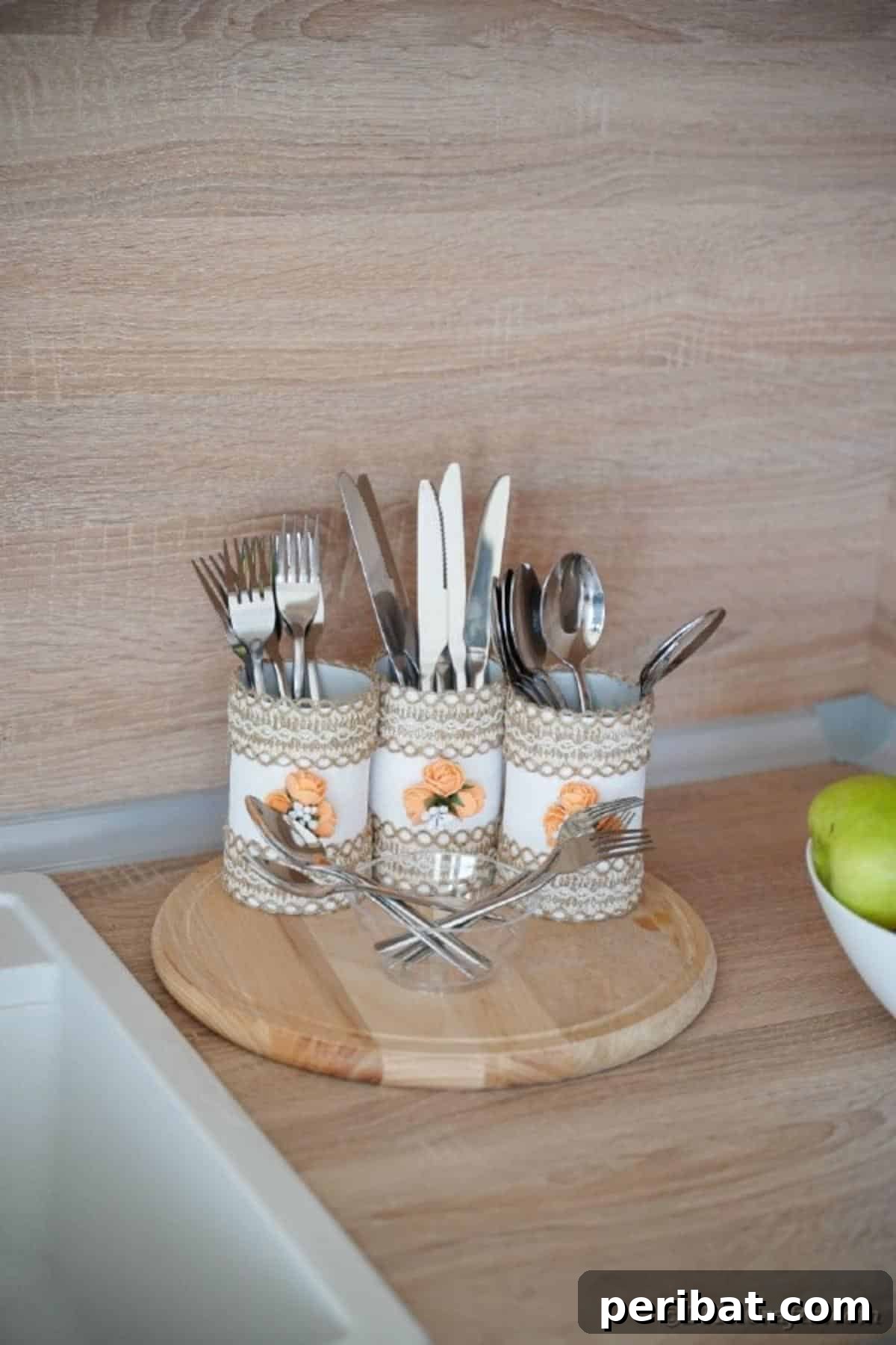 Farmhouse Storage from Repurposed Pringles Cans 22 A wider shot of the rustic Pringles can storage containers on a kitchen counter, showing the surrounding decor