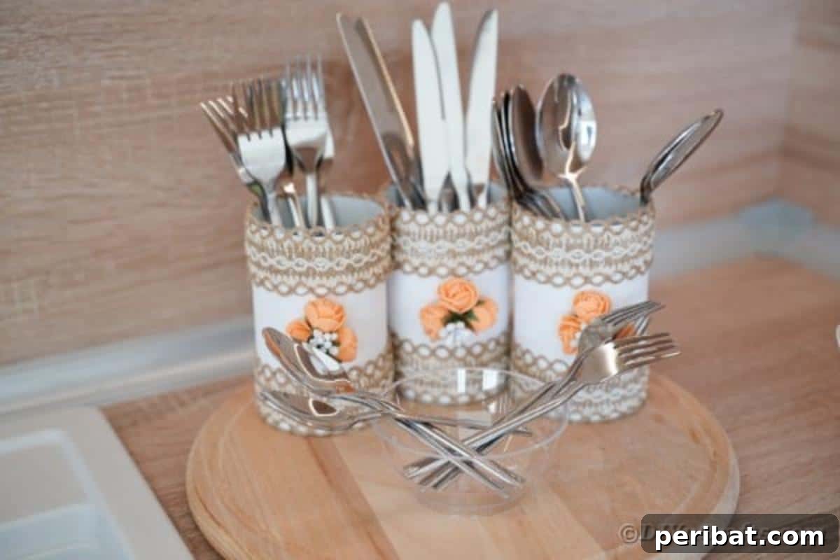 Farmhouse Storage from Repurposed Pringles Cans 6 Five Pringles can storage containers with a small clear bowl on a wooden board on a kitchen counter