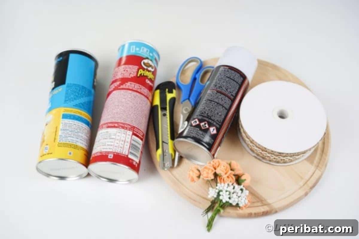 Farmhouse Storage from Repurposed Pringles Cans 7 Craft supplies for making Pringles can storage containers laid out on a table