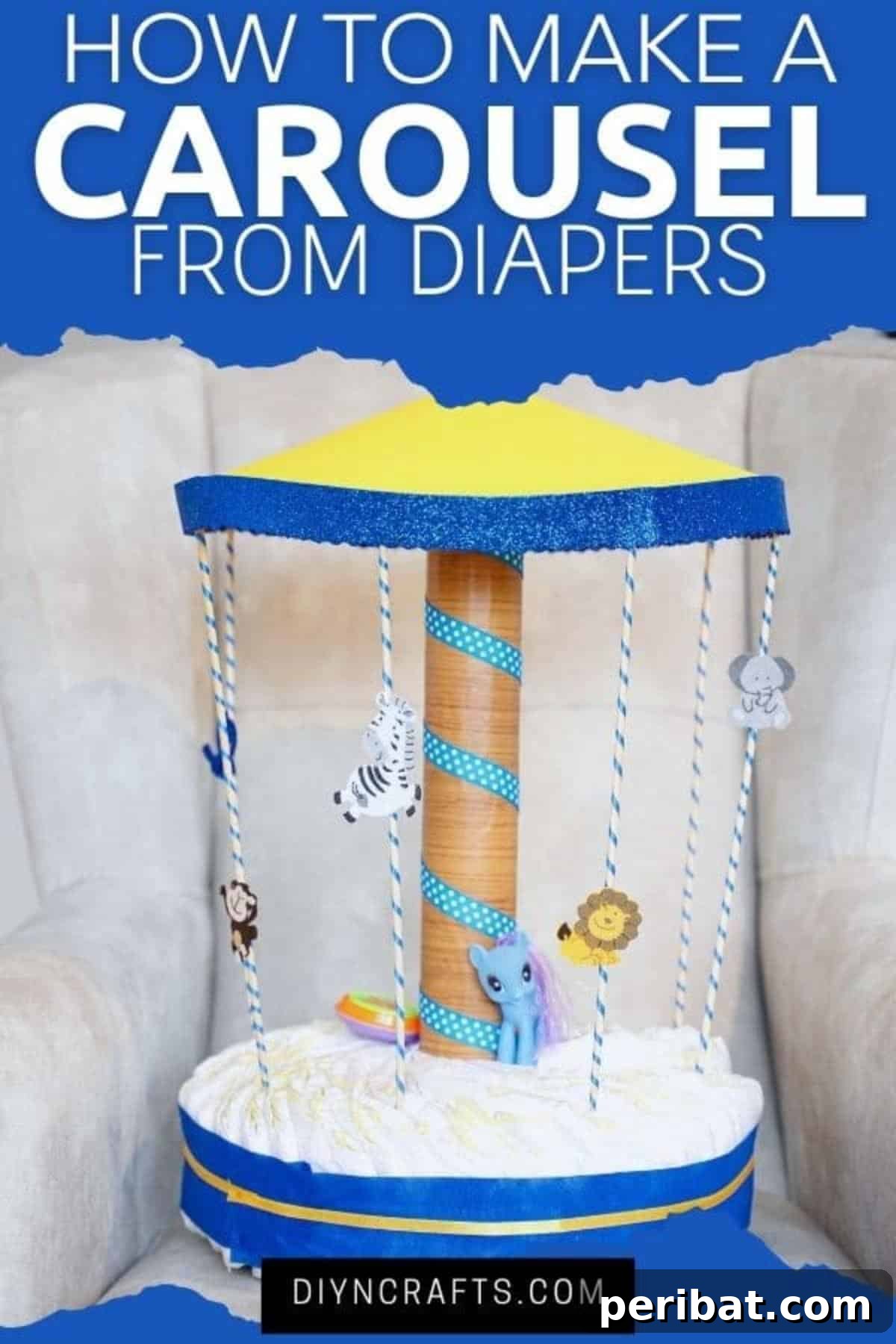Whimsical Animal Carousel Diaper Cake 2 Beautifully crafted carousel diaper cake on a grey chair, ready for a baby shower gift table