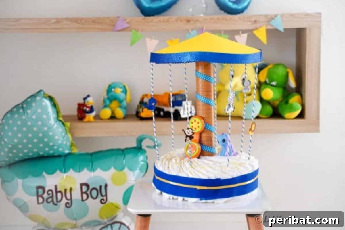 Whimsical Animal Carousel Diaper Cake 3 Close-up of a carousel diaper cake featuring charming animal decorations on a white table