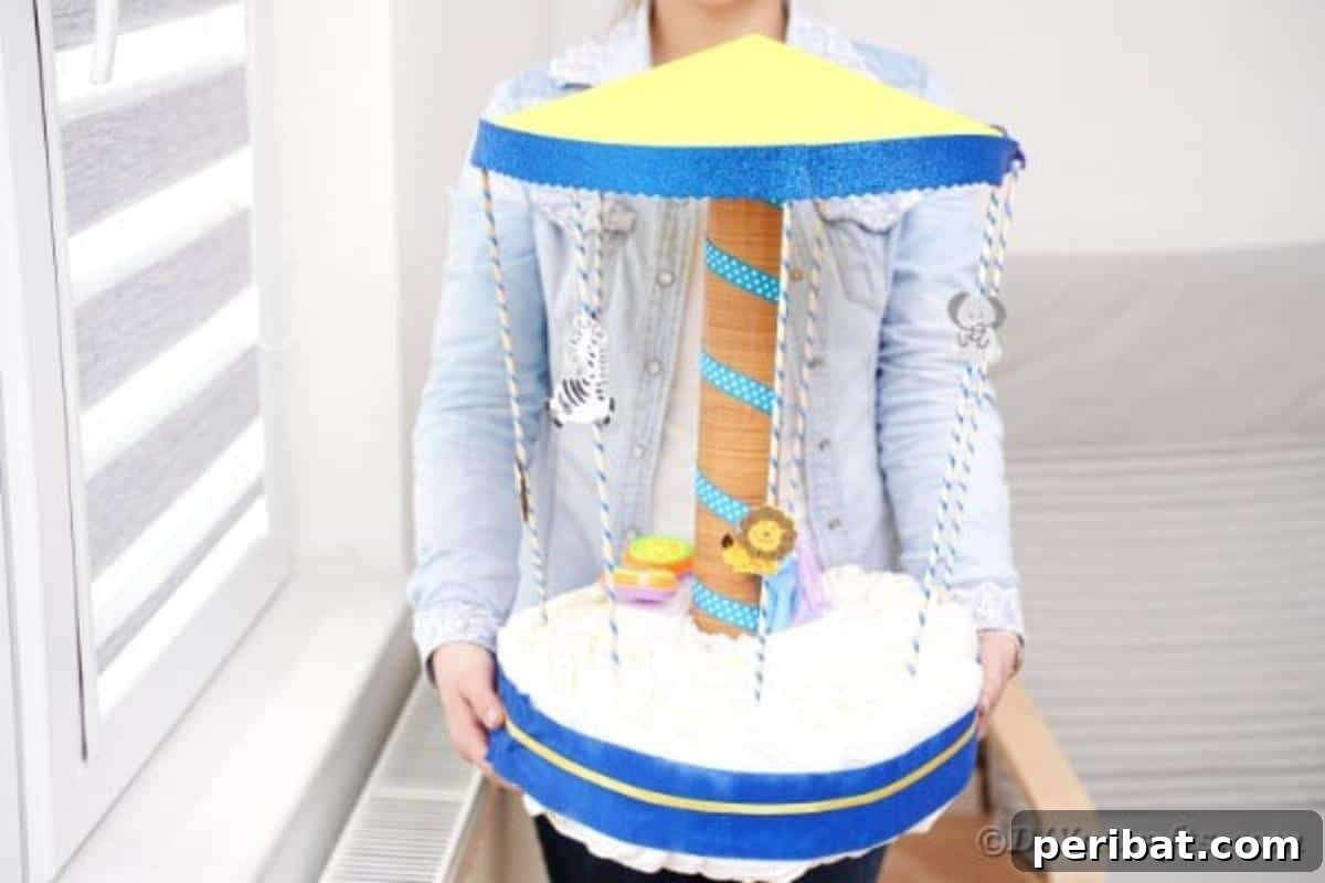 Whimsical Animal Carousel Diaper Cake 4 A woman proudly holding a finished carousel diaper cake with vibrant decorations