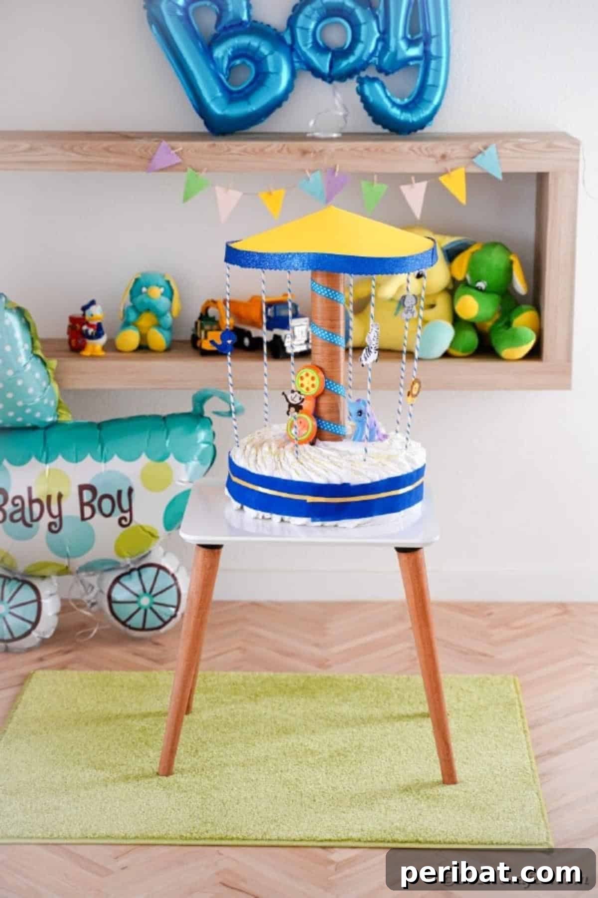 Whimsical Animal Carousel Diaper Cake 5 An adorable carousel diaper cake adorned with colorful ribbons and animal figures, presented on a white surface