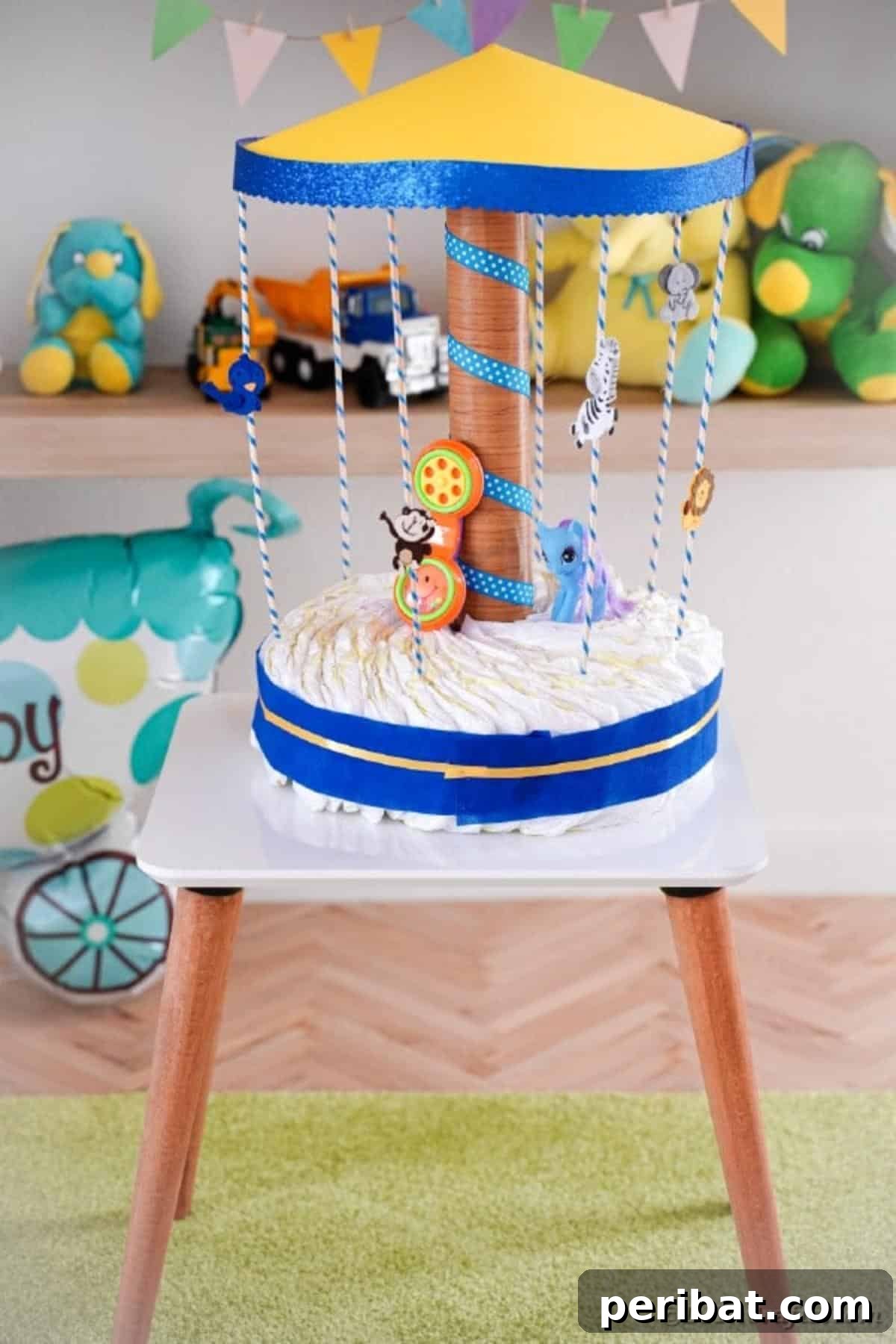 Whimsical Animal Carousel Diaper Cake 33 Charming carousel diaper cake displayed on a pristine white table