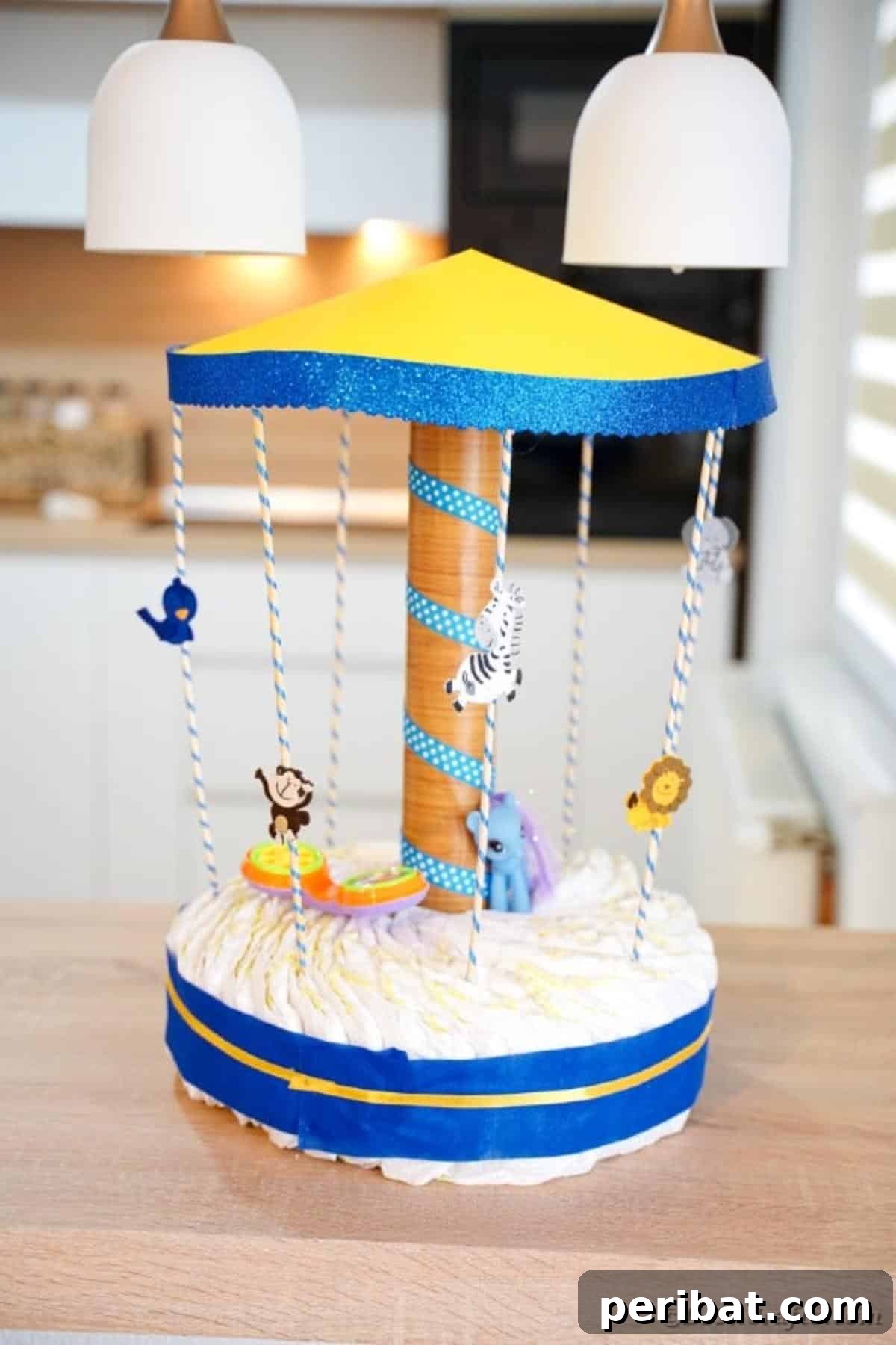 Whimsical Animal Carousel Diaper Cake 38 The charming carousel diaper cake displayed on a rustic wooden table, showcasing its versatility